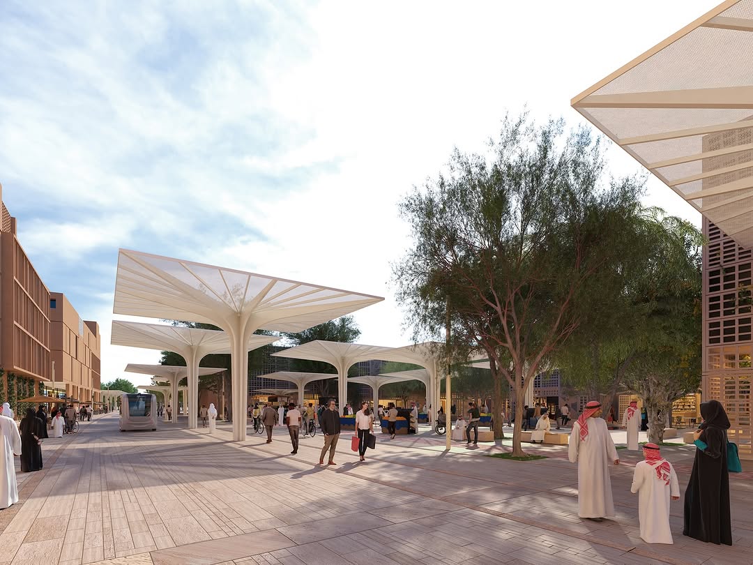 A 3D render of people hanging out in an open are court in the middle of King Salman Park