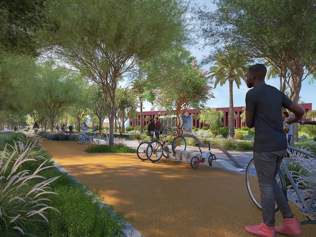 A 3D render of a bicycle friendly area in the middle of King Salman Park
