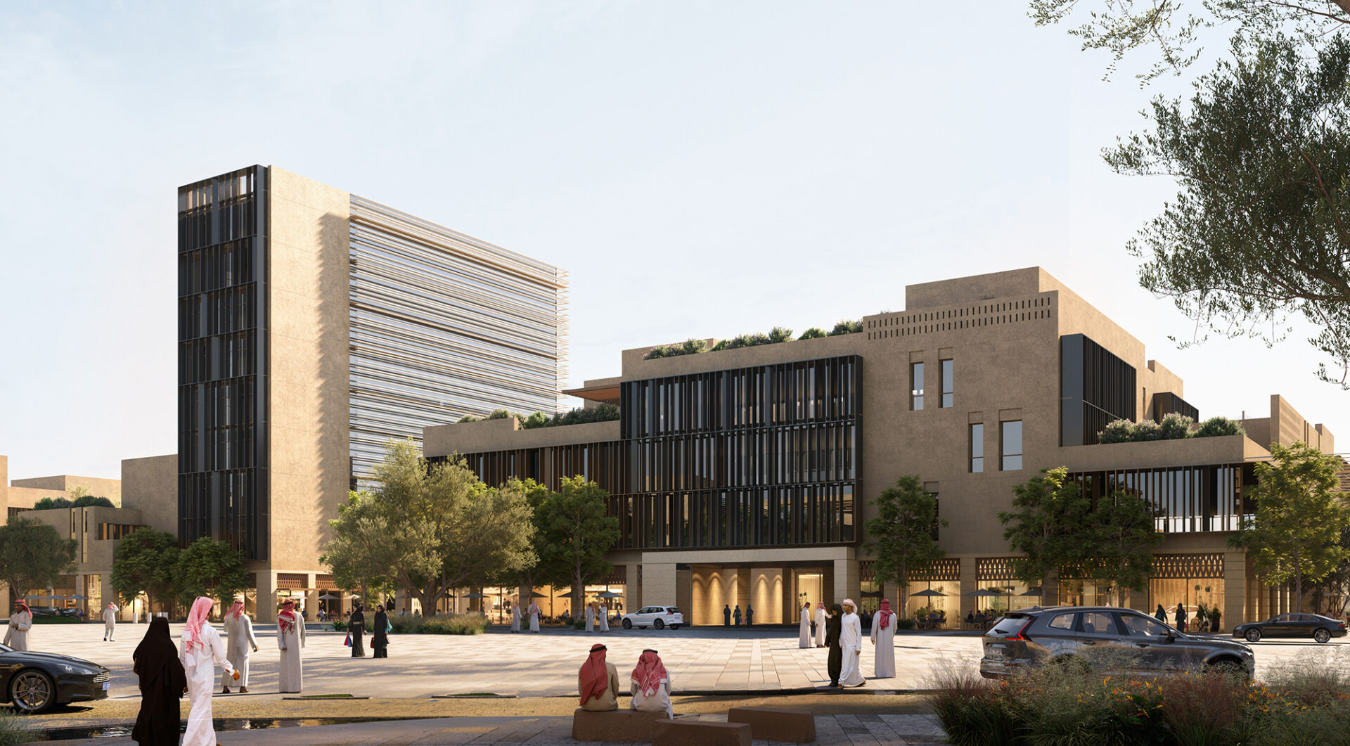 3D renders of the facade of a building in the commercial center of the King Salman Park