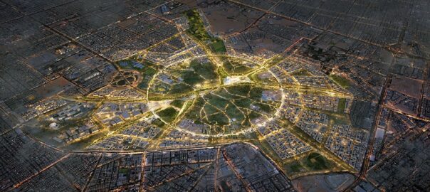 A top donw image of the King Salman Park at nigh