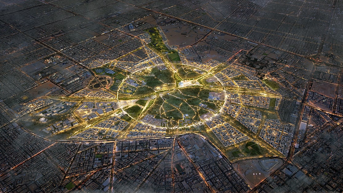 A top donw image of the King Salman Park at nigh