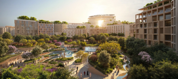 A render of the Enar project showing the center water-feature in this mixed-design project