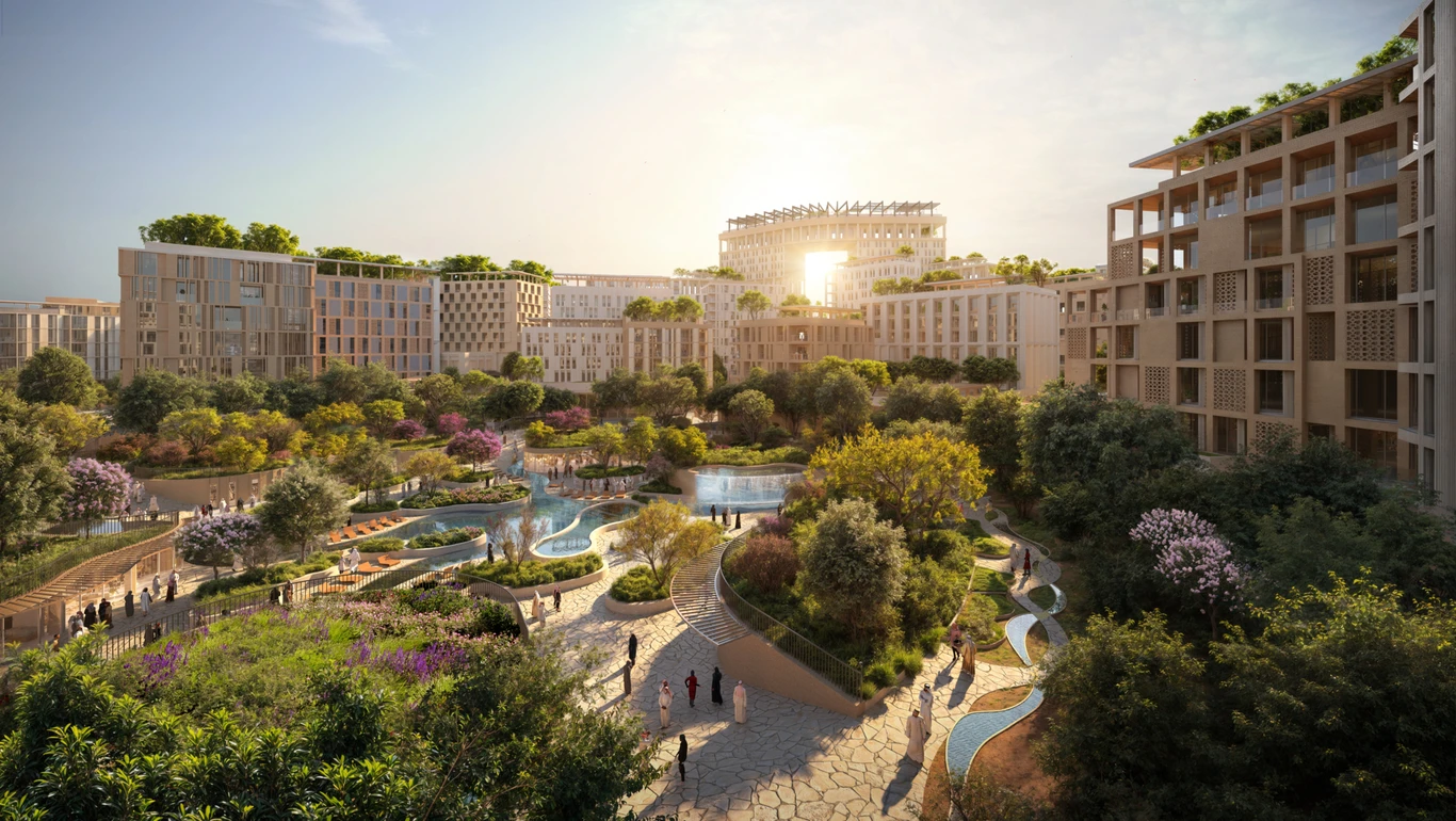 A render of the Enar project showing the center water-feature in this mixed-design project
