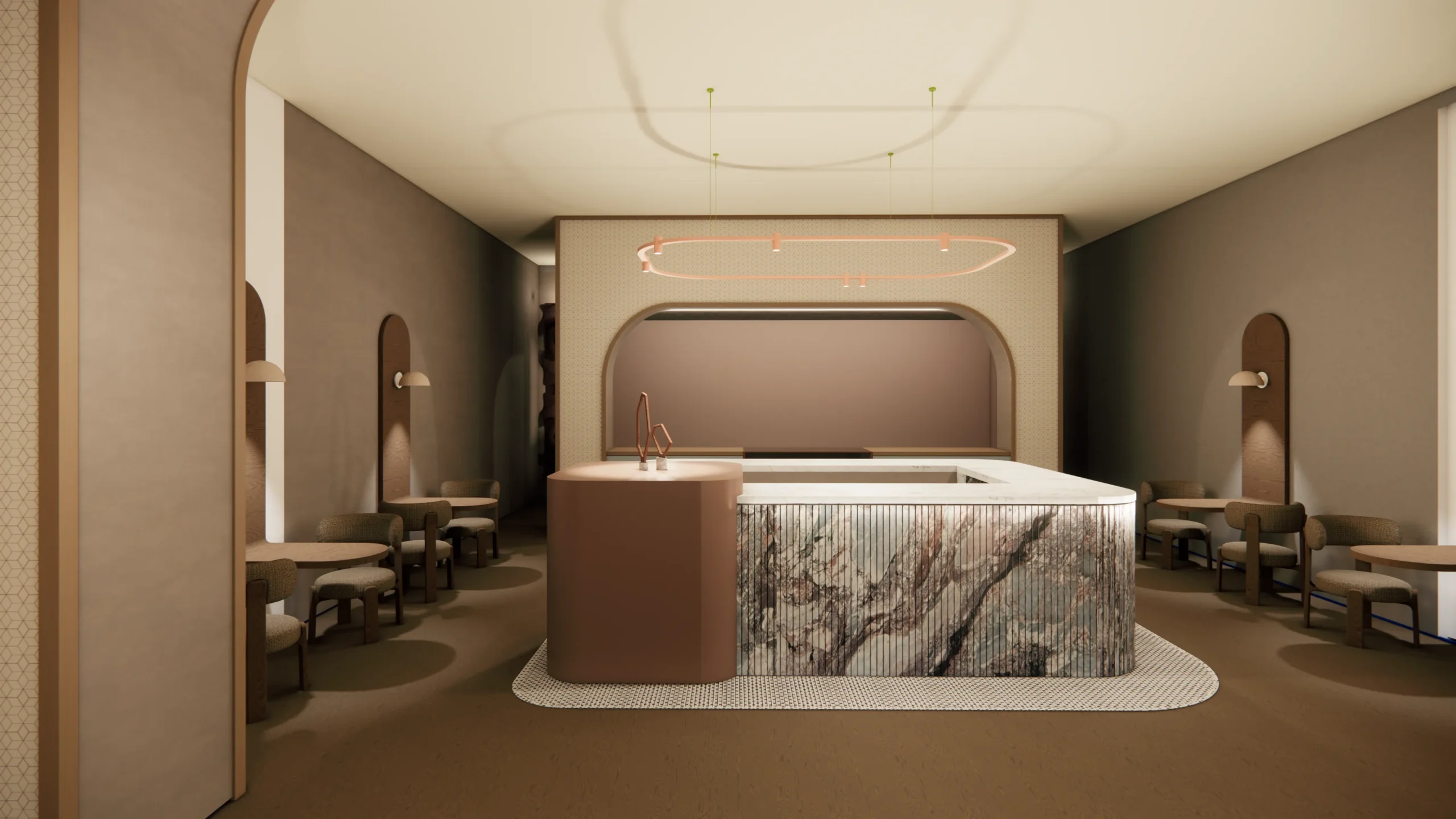 Render showing the lighting design of the seating area and bar in Chocomize store in Riyadh
