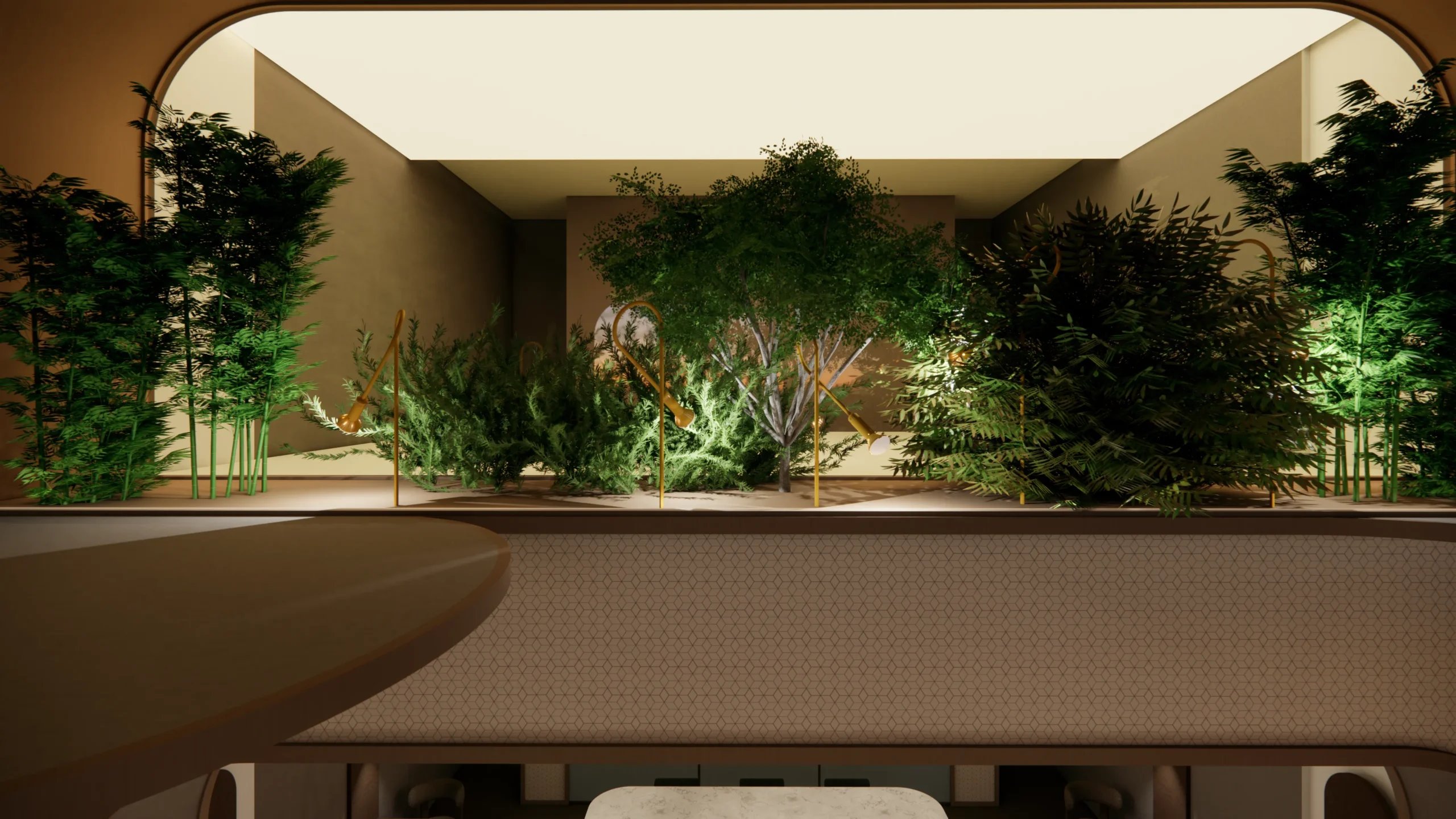 A render of the mini-garden lighting design in Chocomize showcasing decorative brass spikes