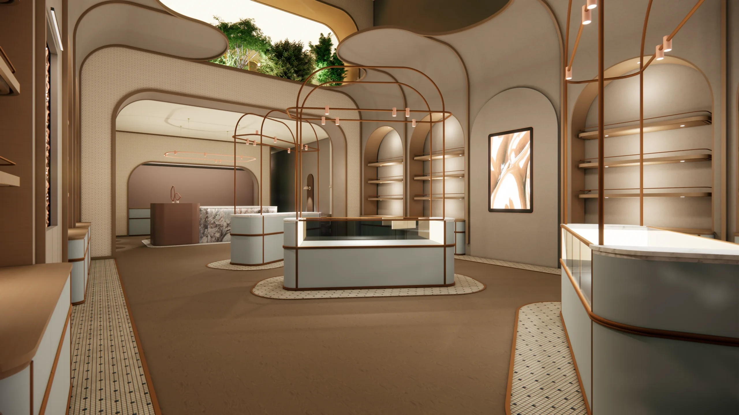 Side view render of the Chocomize store in Riyadh highlighting the display lighting for both the shelves and the stands