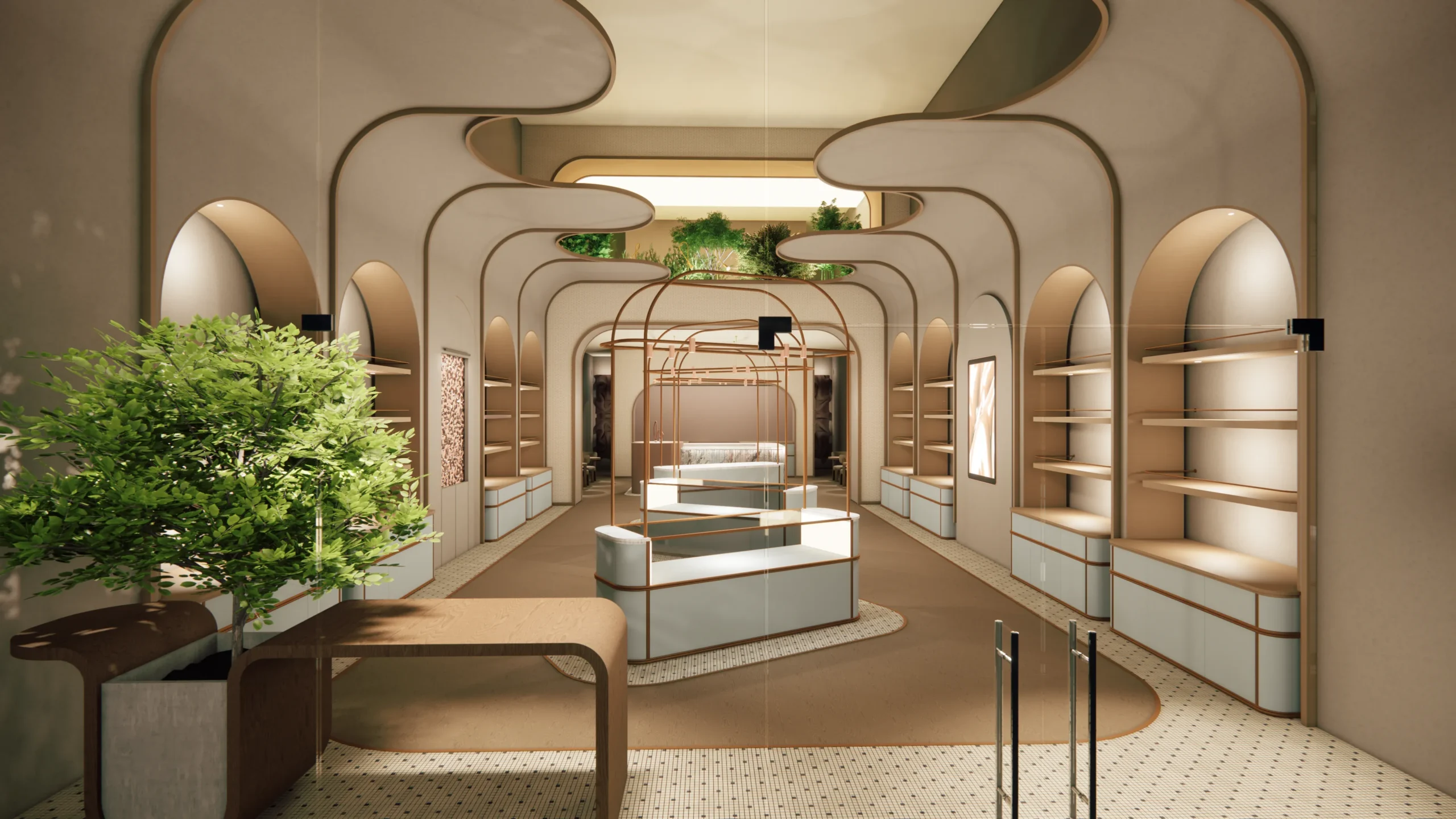 A general shot of the Chocomize store render in Riyadh showcasing the lighting design