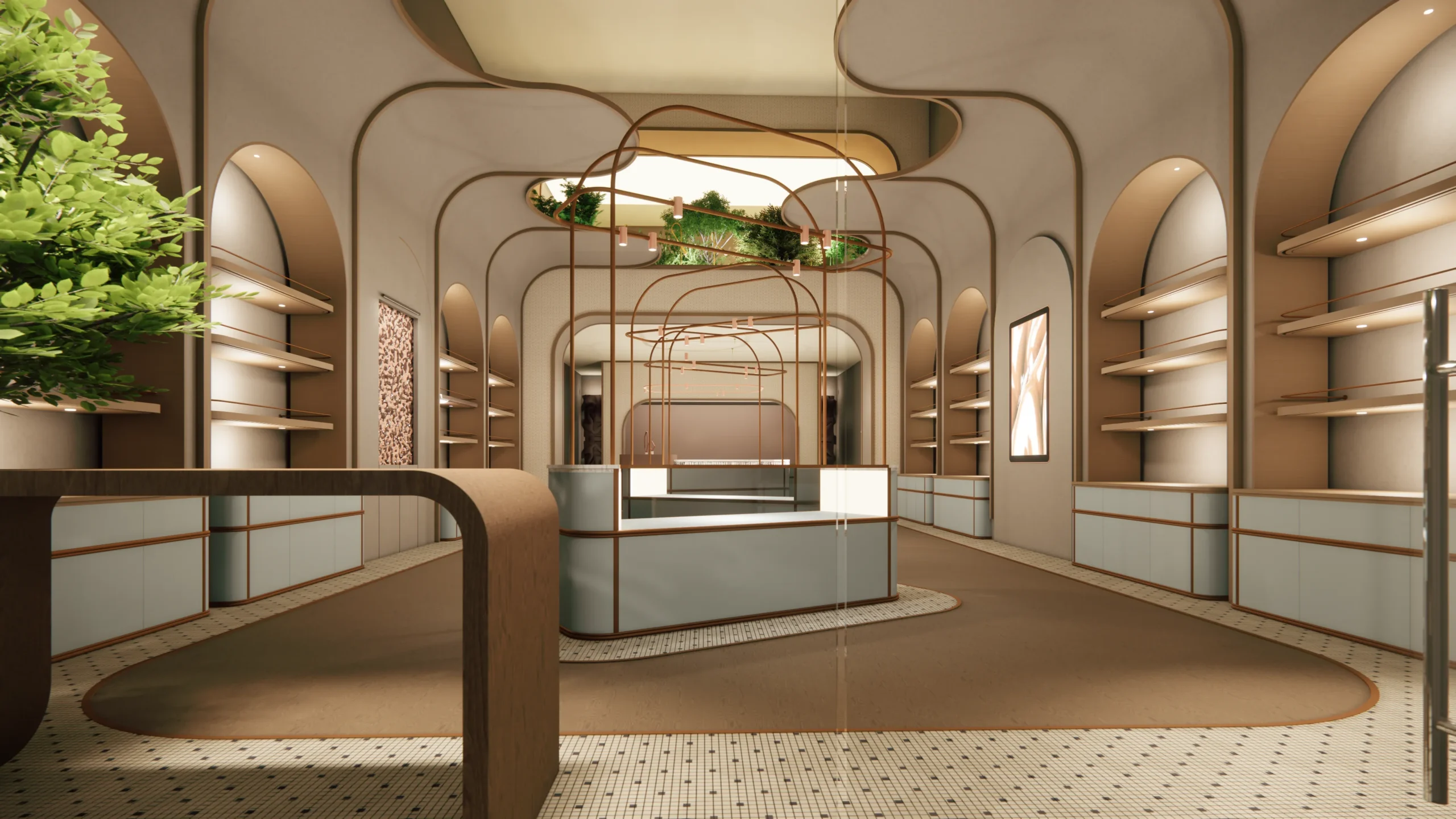 A general shot of the Chocomize store render in Riyadh showcasing the lack of downlights on the ceiling