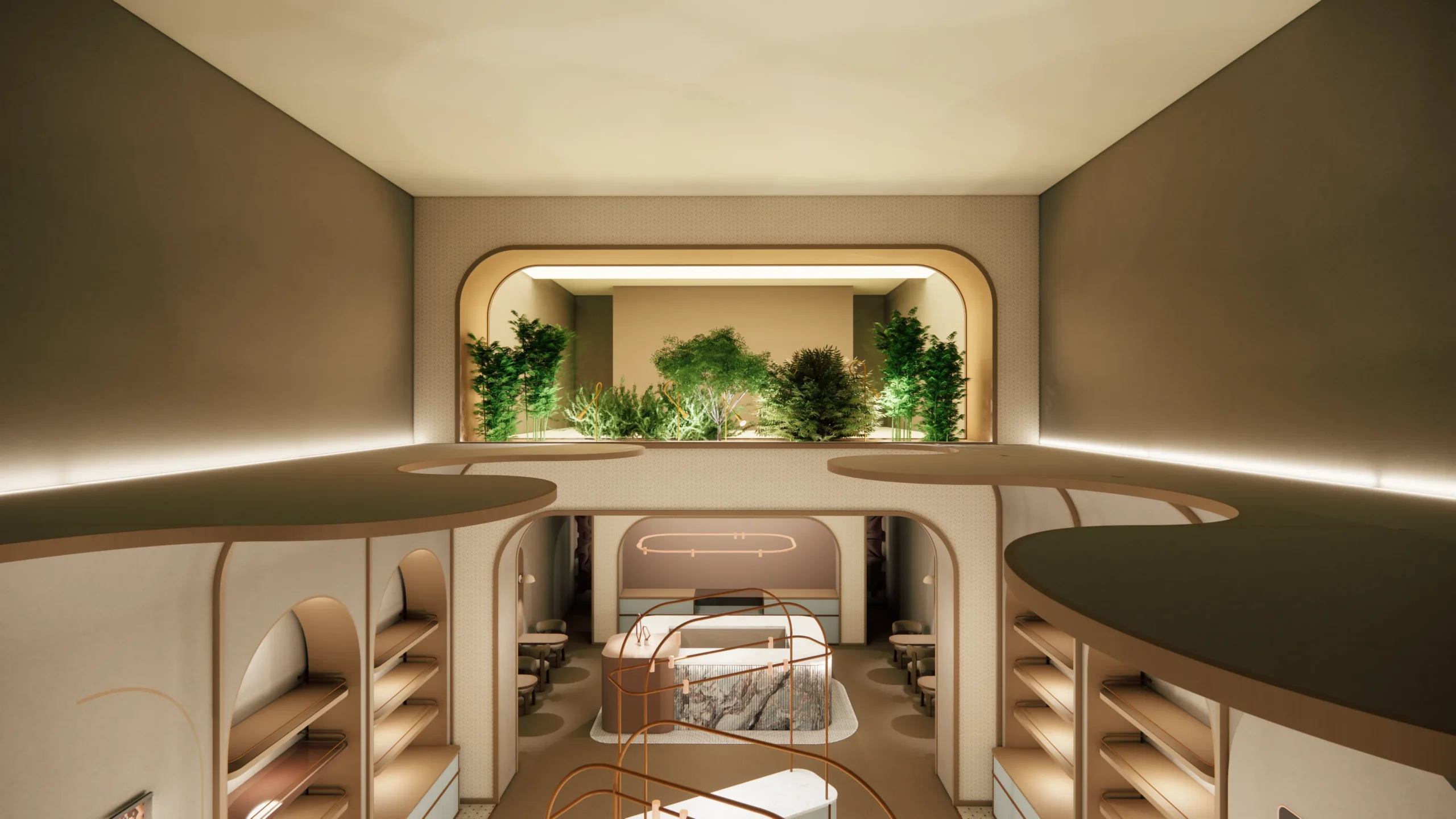 A render of the ceiling lighting design in Chocomize showcasing the plantation lighting as well as the indirect ceiling lighting using ambient linear light